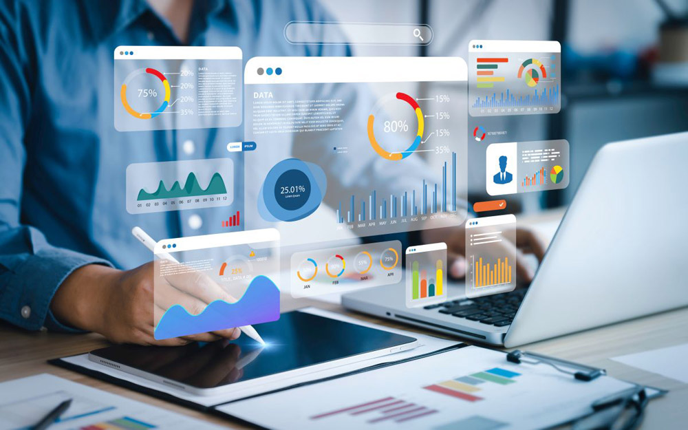 Efficiency begins with visibility — and visibility starts with advanced Inventory Management Systems.An analyst uses a computer and dashboard for data business analysis and Data Management System with KPI and metrics connected to the database for technology finance, operations, sales, marketing
