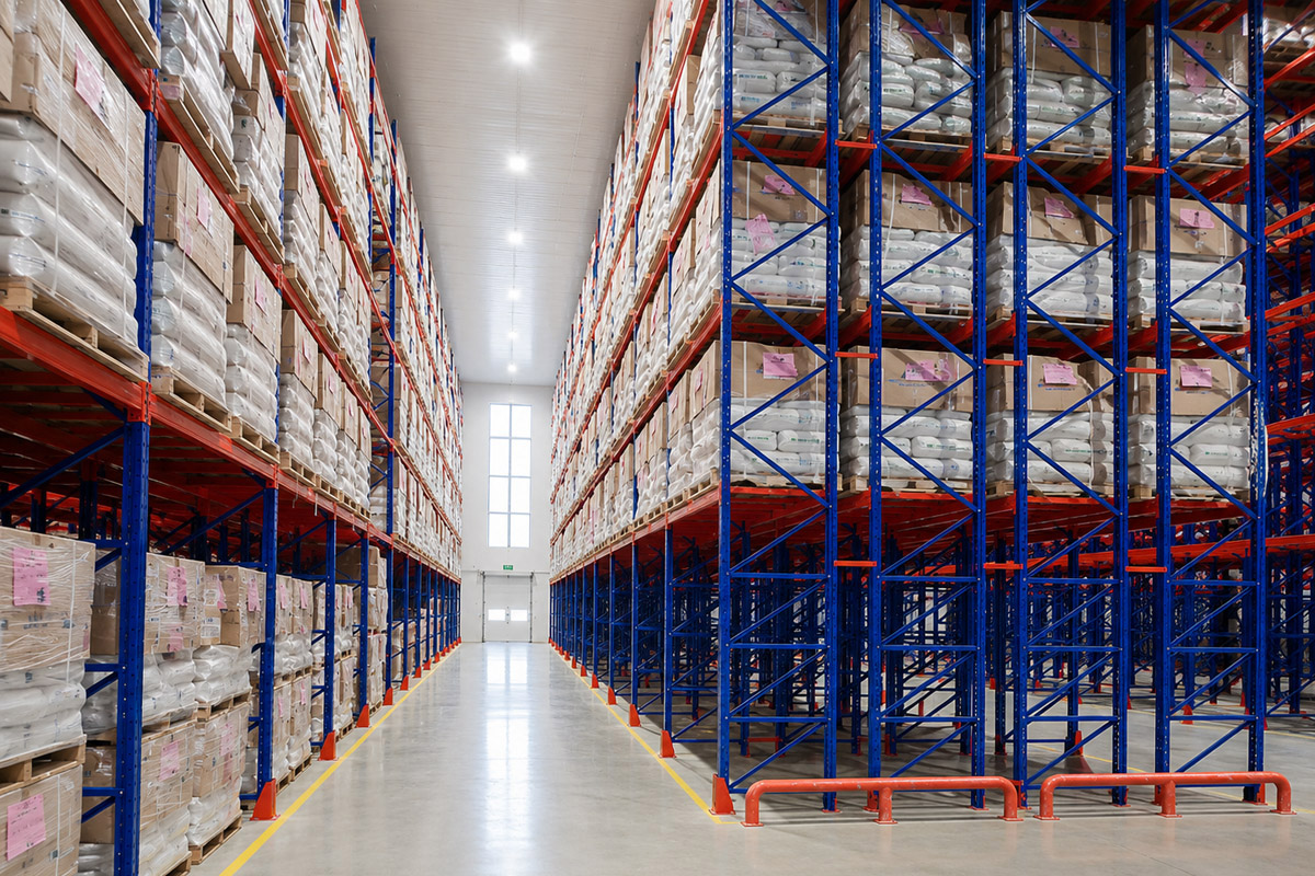 Increased storage density with pallets stored two positions deep