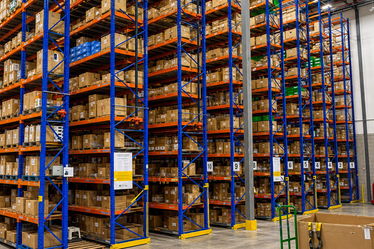 Maximum vertical storage capacity with very narrow aisle
