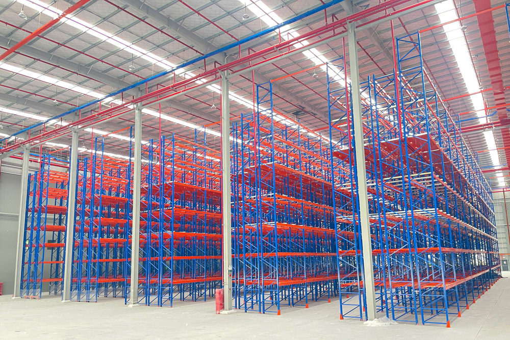 Increased storage density with pallets stored two positions deep