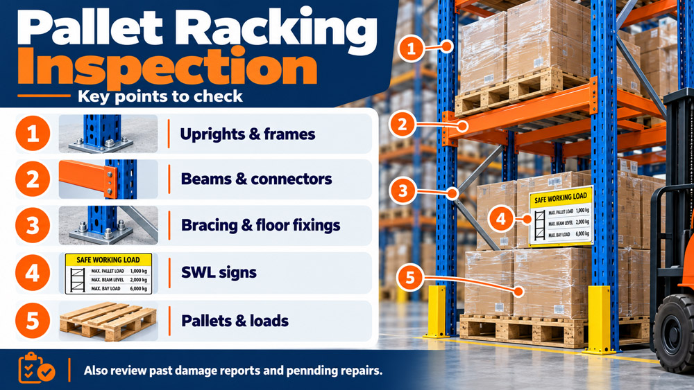 Inspectors check structural components, load signs and potential damage to ensure the racking remains safe for use